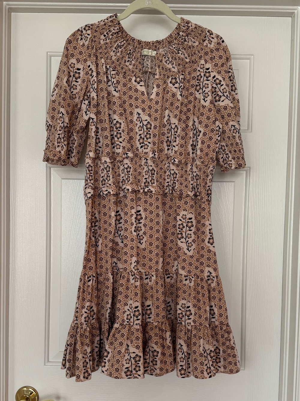 Spartina Smocked Neck Floral Tiered Dress - Neutral Tan Print